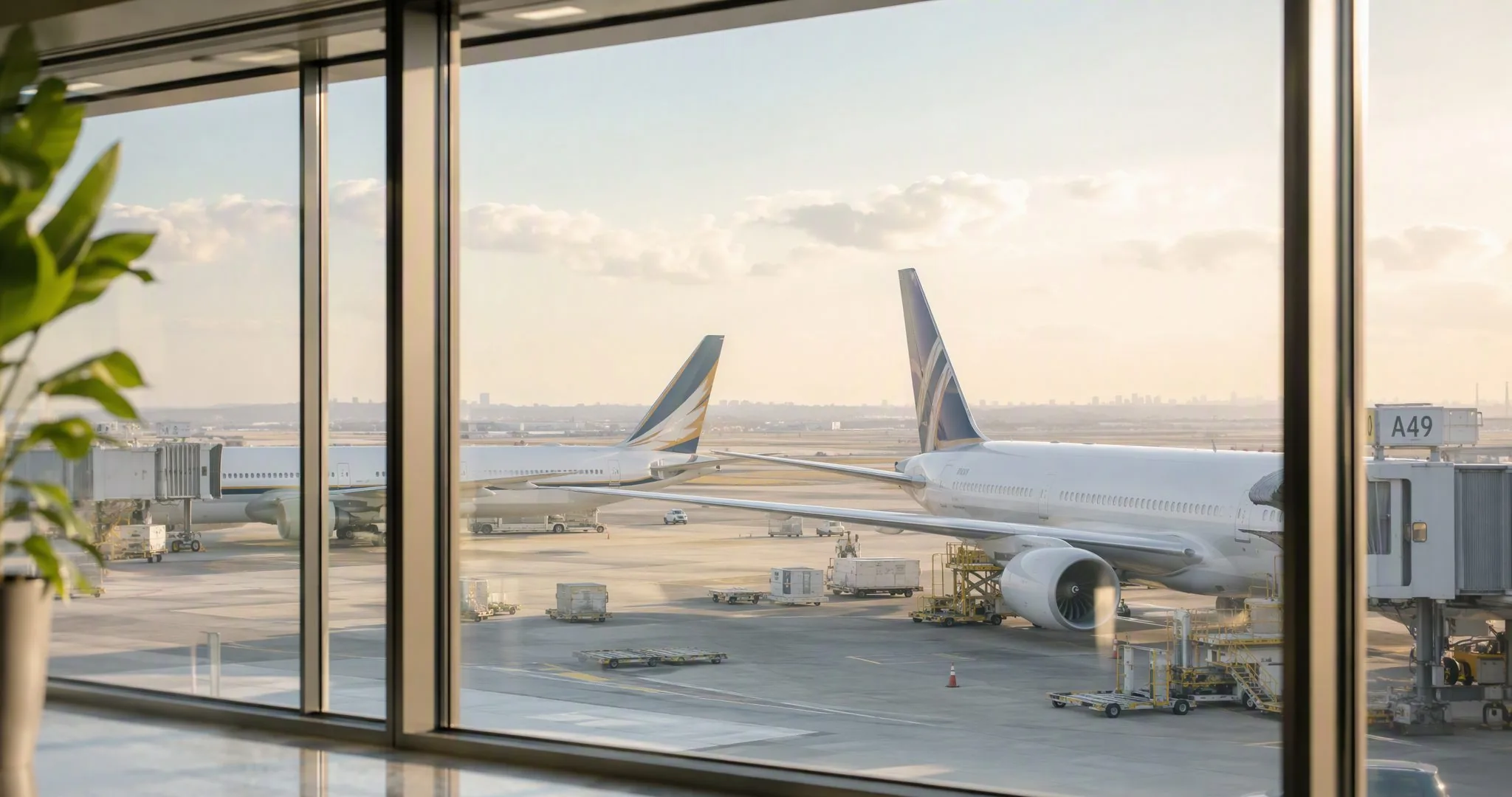 Two airliners parked at gates on a sunlit apron, seen through terminal glass in morning light