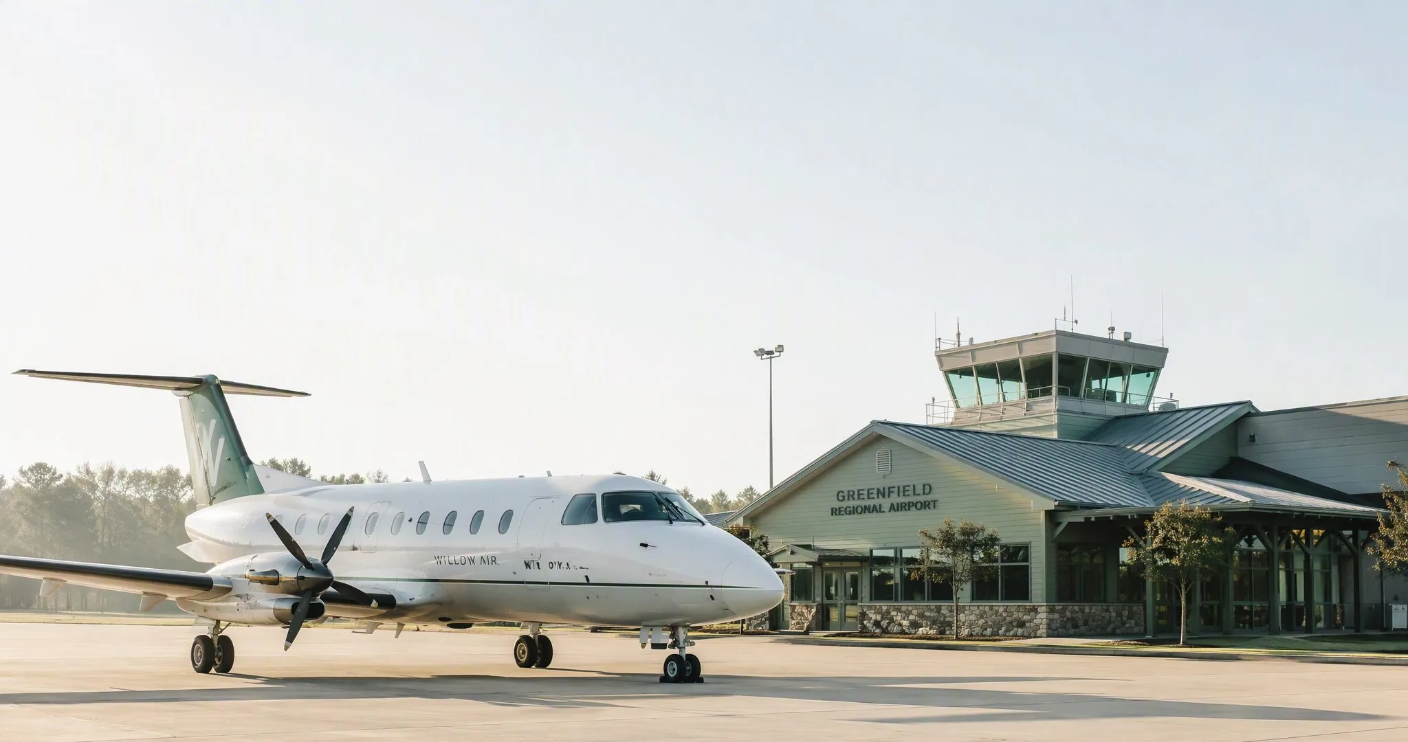 A turboprop aircraft on a regional airport apron in morning light, with the terminal and control tower behind it